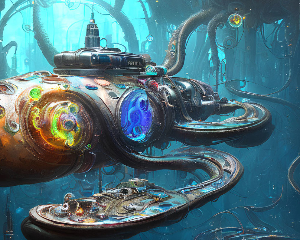 Vibrant underwater scene with submarine on colorful structure