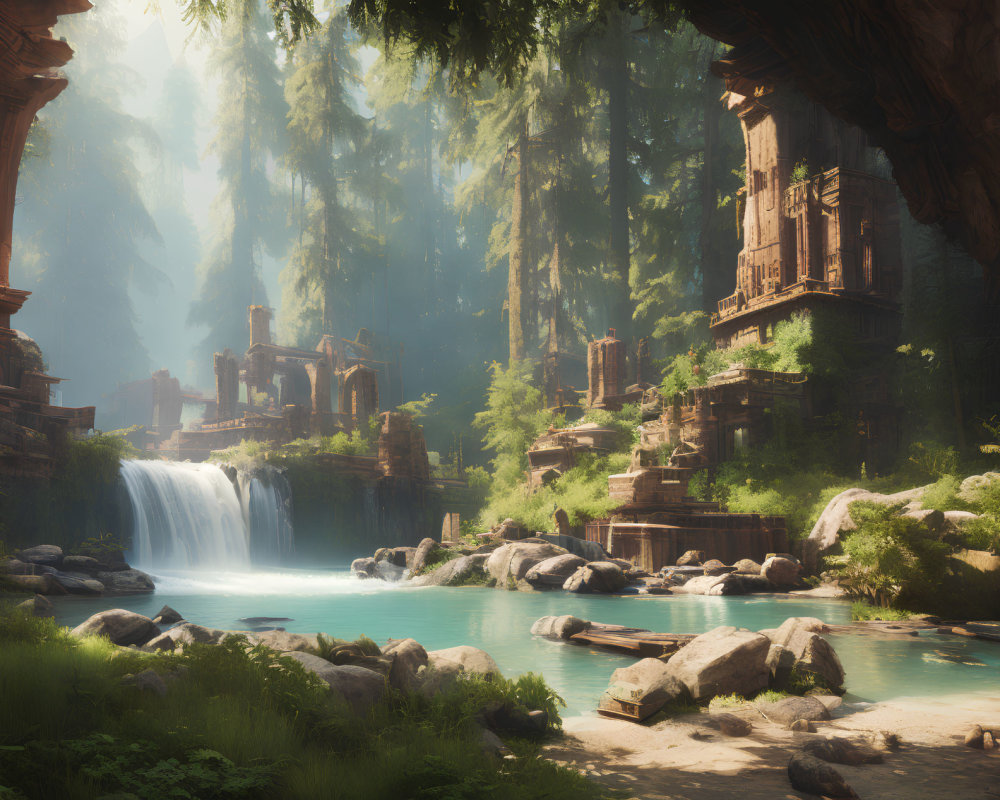 Ethereal landscape with ancient ruins, lush forest, waterfall, and serene pond