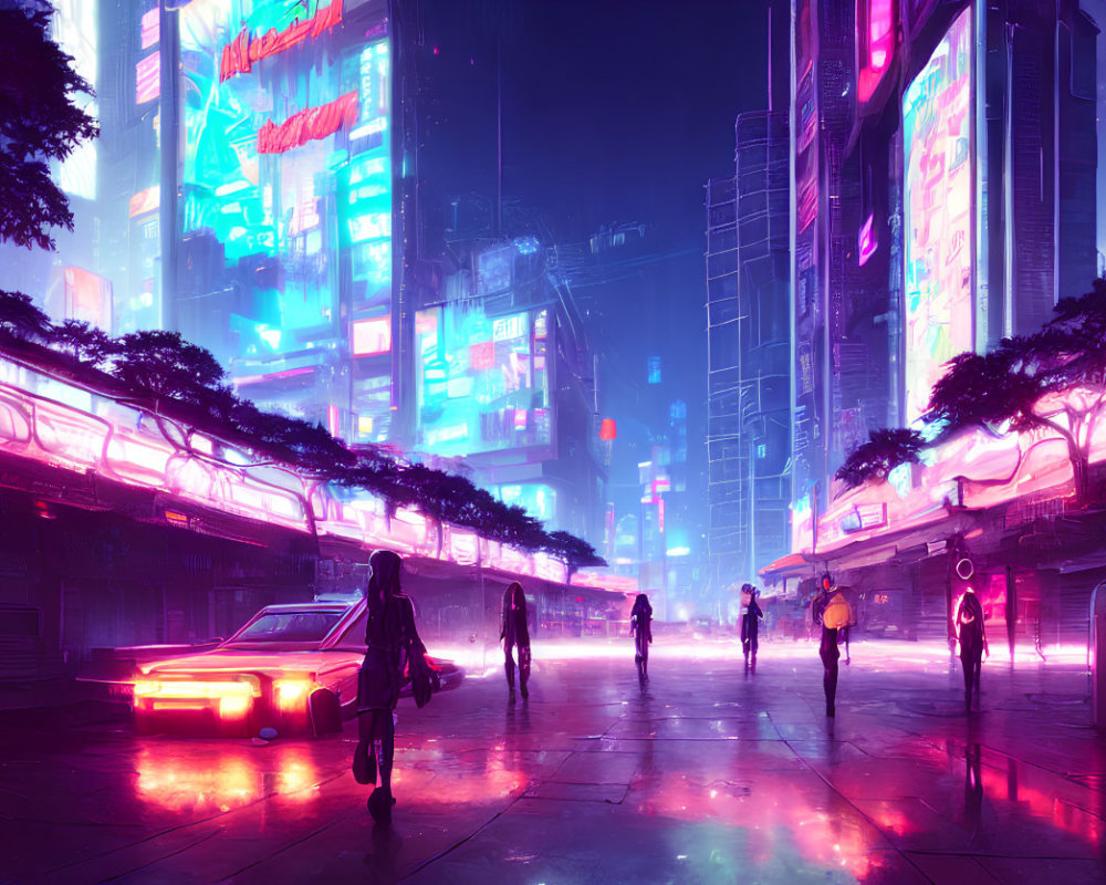 Futuristic cityscape with neon signs, hovering car, and silhouetted figures