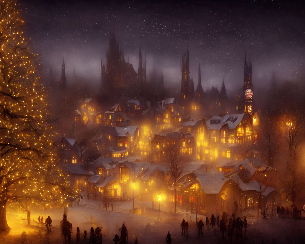 Snowy village night with lit-up tree and castle