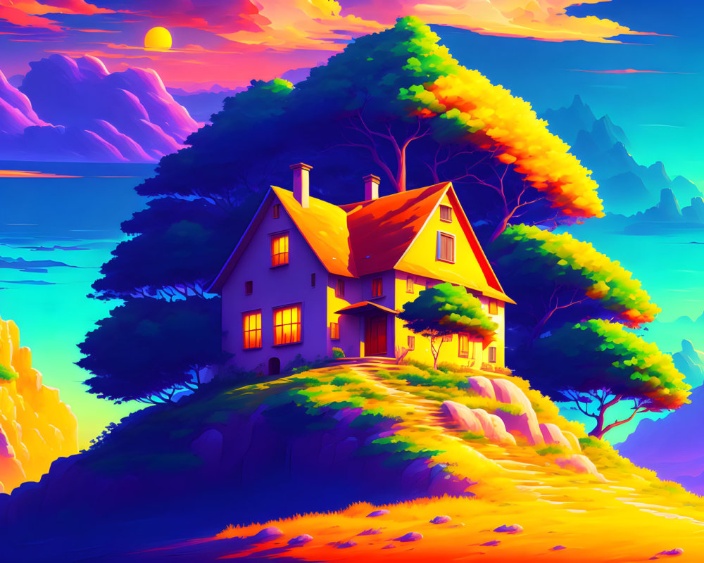 Colorful digital illustration of cozy house on hilltop at sunset