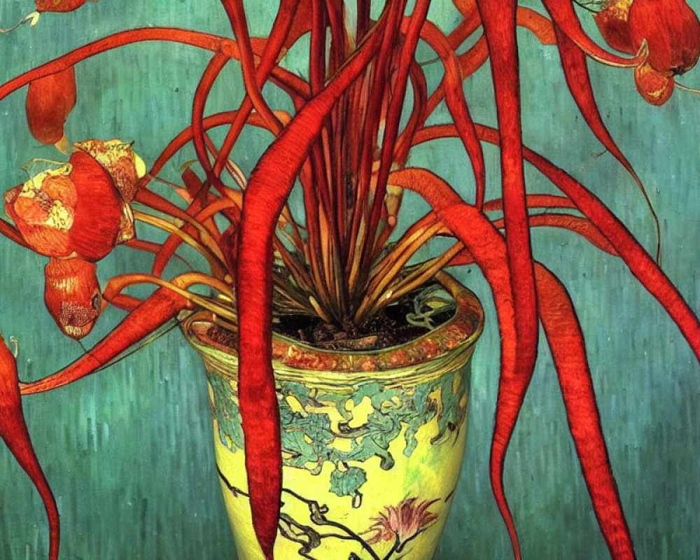 Colorful Painting: Red Pitcher Plants in Yellow Pot on Teal Background