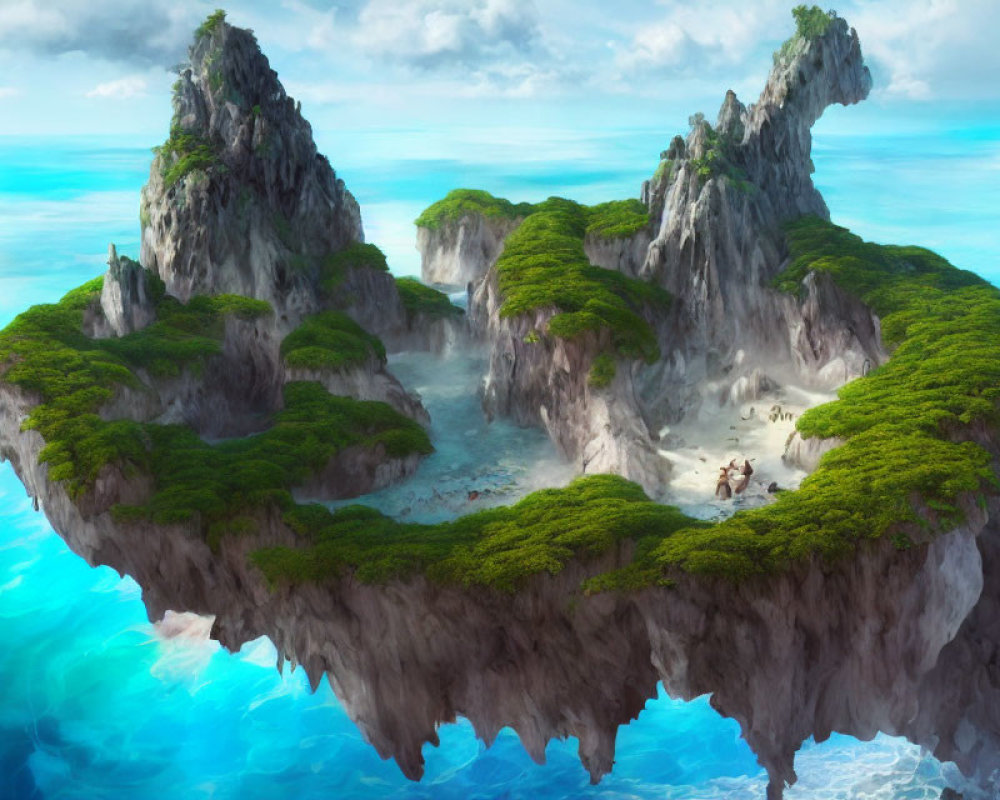 Scenic floating island with greenery, rocky peaks, and horse rider by tranquil beach