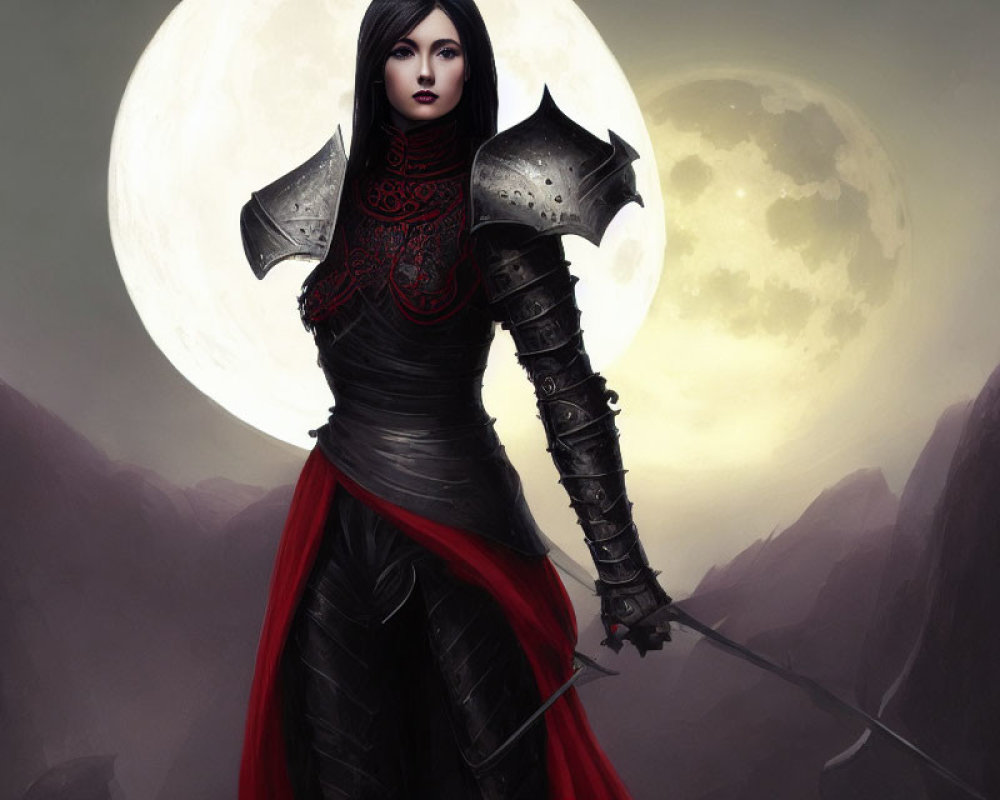 Female warrior in dark armor wields sword under full moon