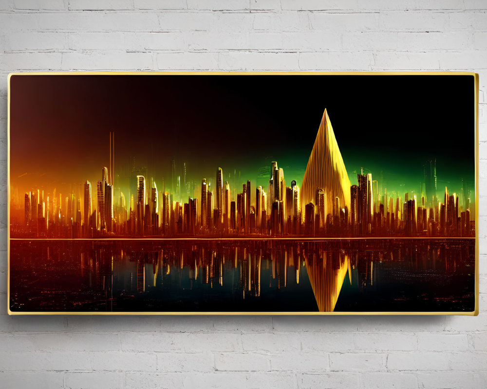 Futuristic cityscape with golden pyramid on canvas against white brick wall