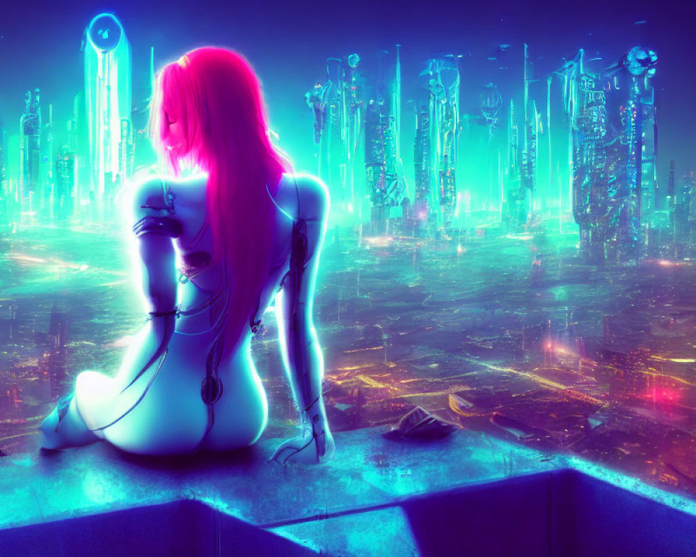 Futuristic image of woman with pink hair and cybernetic enhancements in neon-lit cityscape