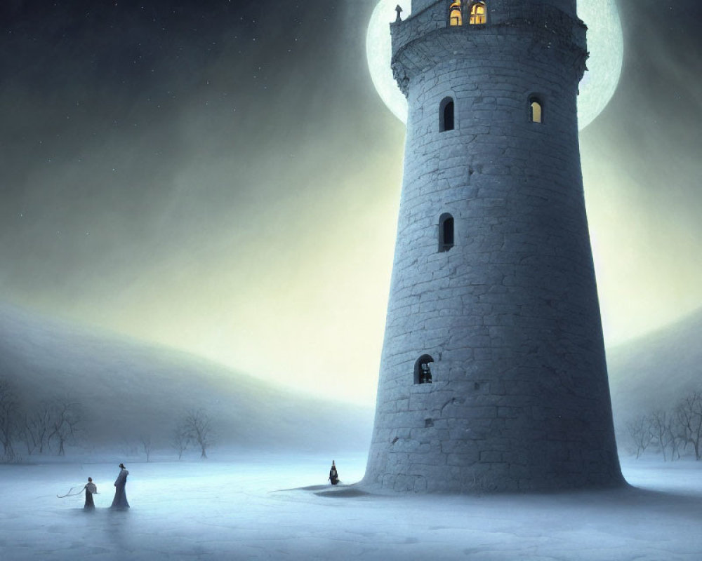 Snowy Night Scene: Stone Lighthouse and Figures