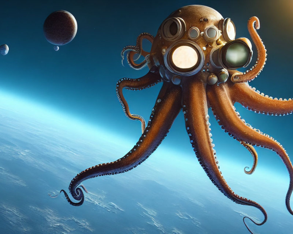 Steampunk-style helmet octopus floats in space near planet Earth.