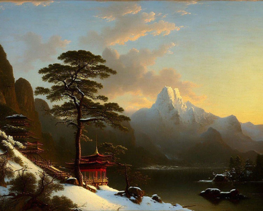 Tranquil lake, traditional temple, mountains, sunset: serene landscape painting.