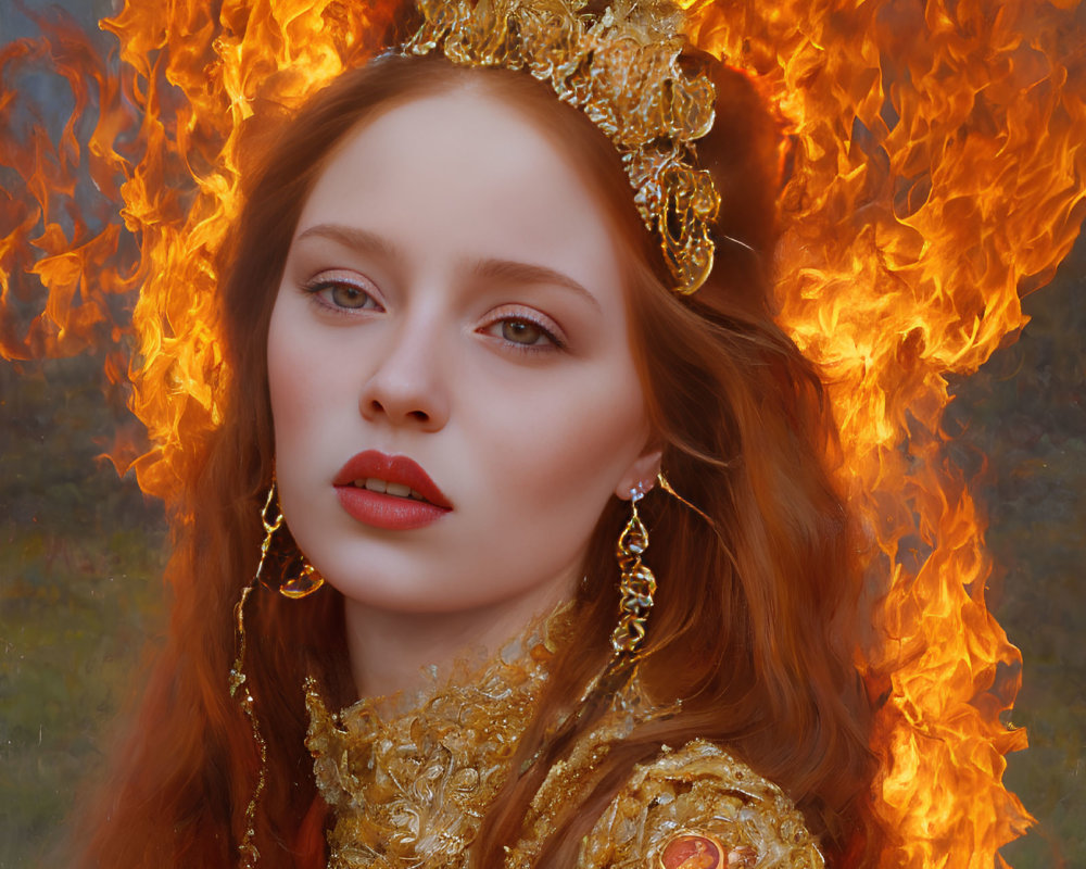 Red-Haired Woman in Golden Attire Surrounded by Flames