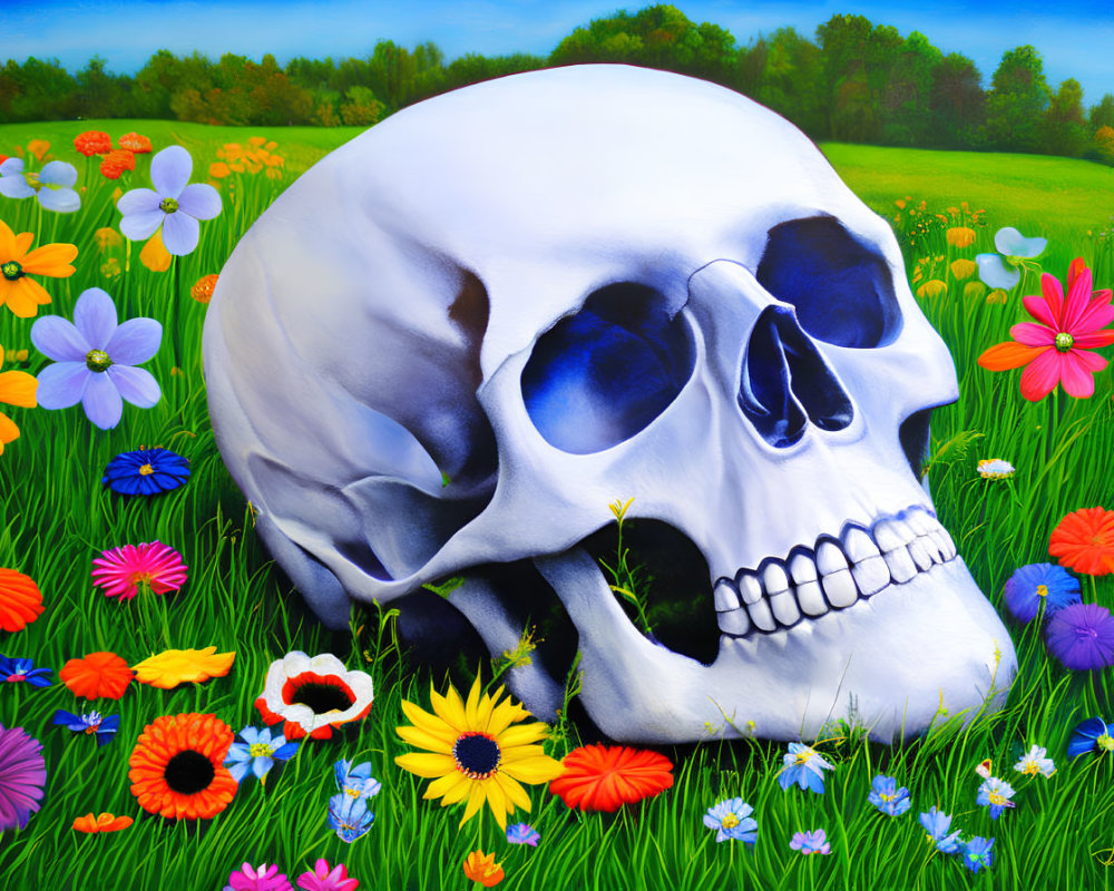 Hyper-realistic skull in colorful wildflower field with serene sky