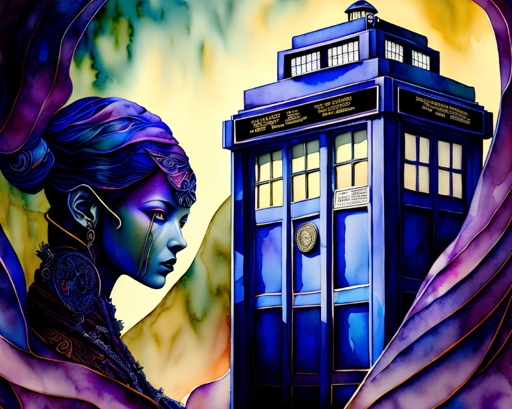 Vibrant digital artwork: stylized woman's profile with TARDIS on abstract background