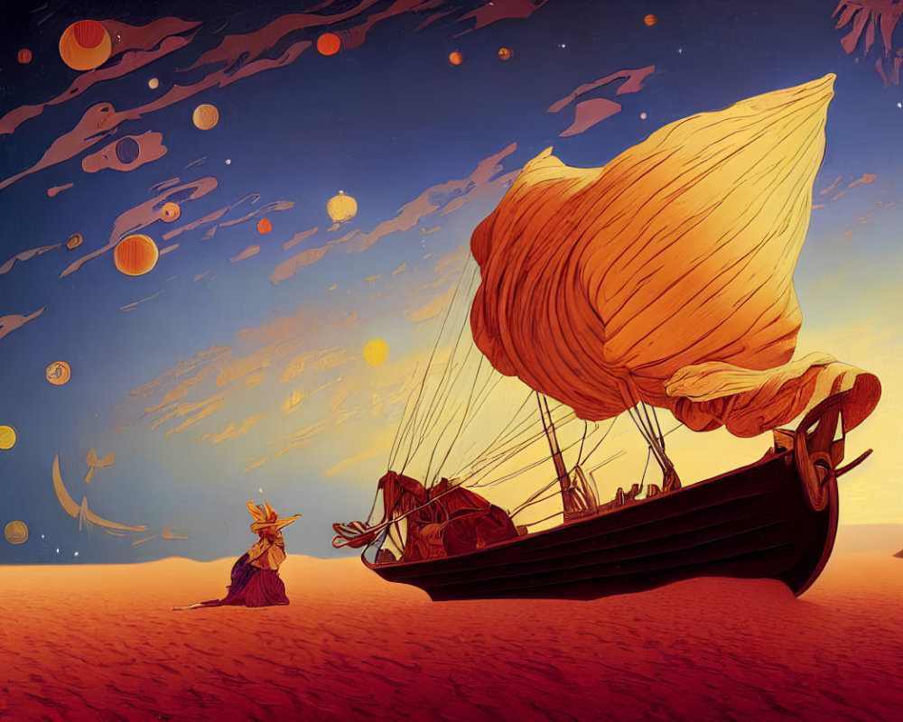 Surreal illustration: ship on sand under planetary sky