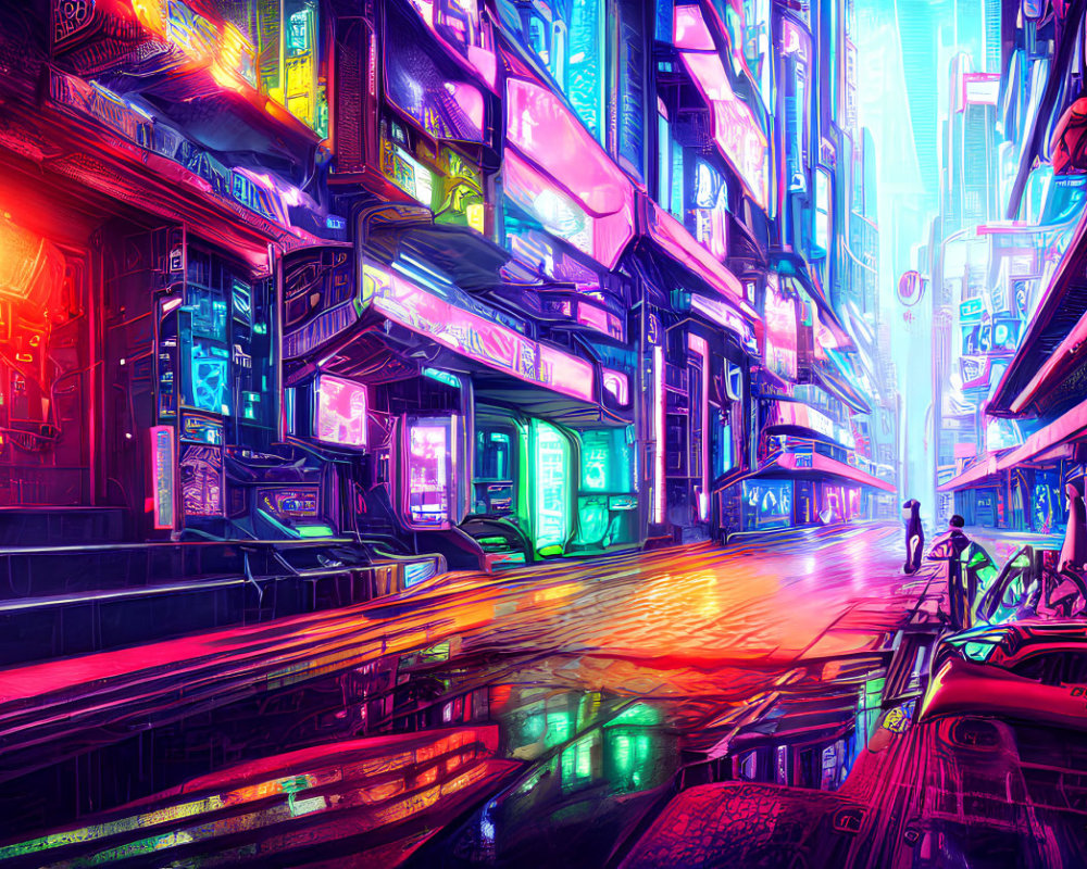 Futuristic cyberpunk cityscape with neon signs and reflections at dusk