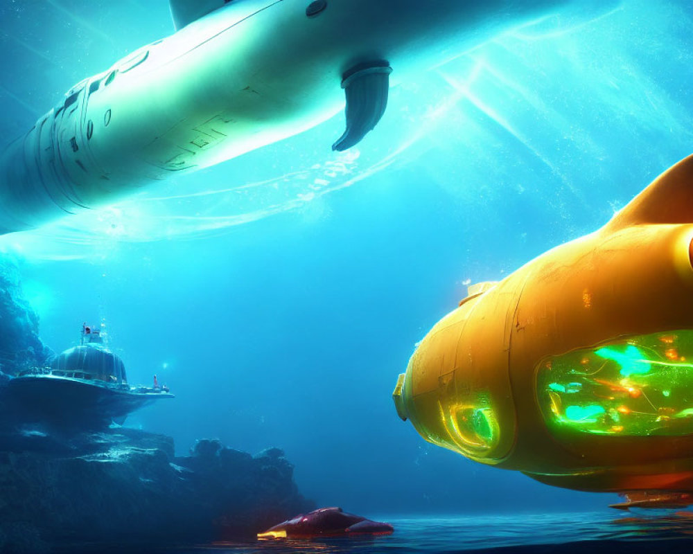 Vibrant futuristic submarines in fantastical underwater scene