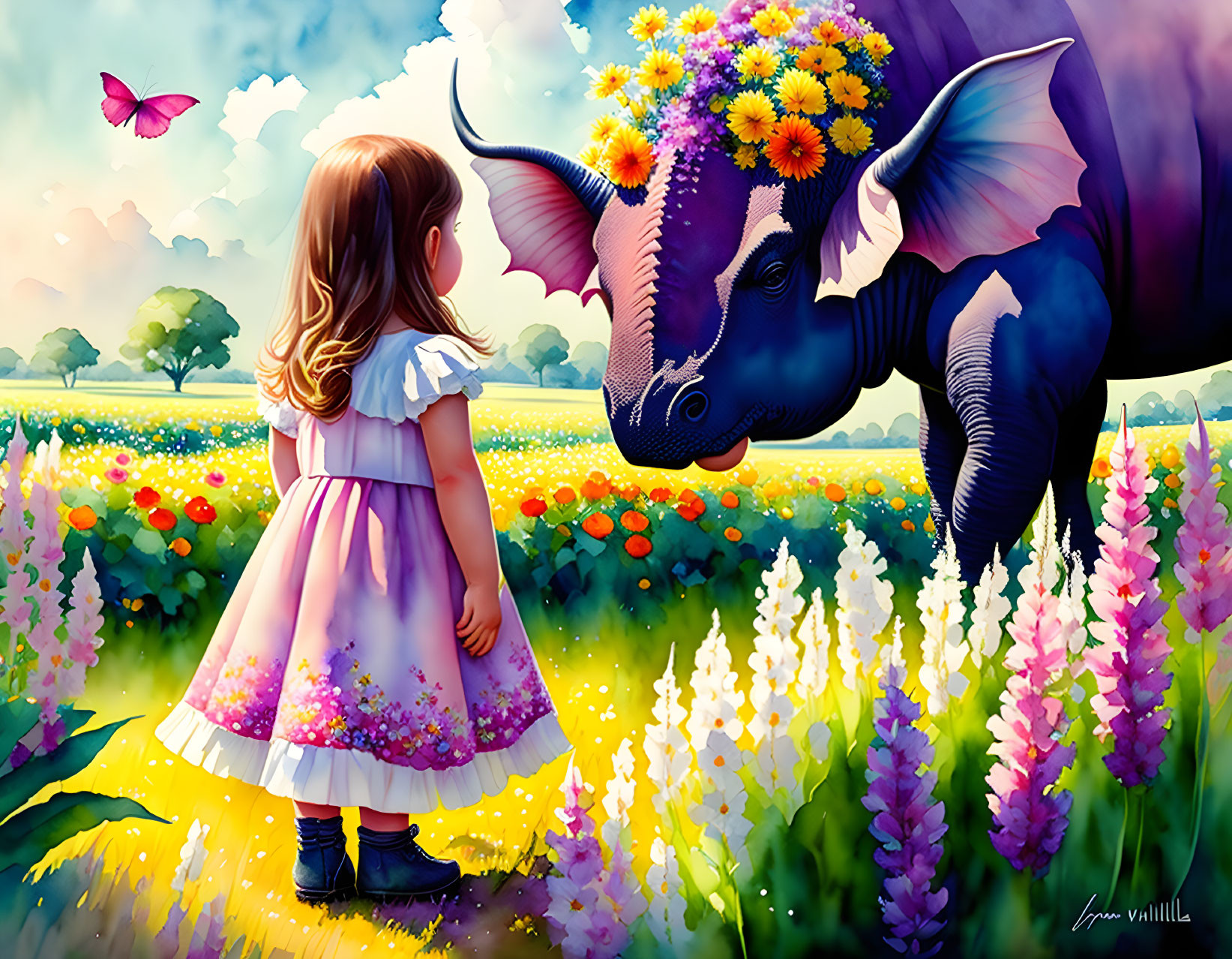 Girl, flowers, triceratops