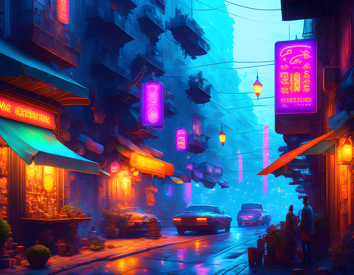 Old town in the center of cyberpunk city,