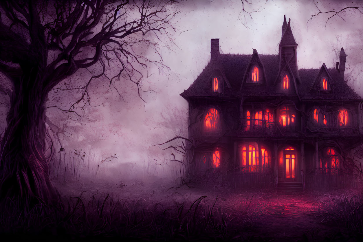 Victorian mansion at dusk with red lights, mist, and bare trees