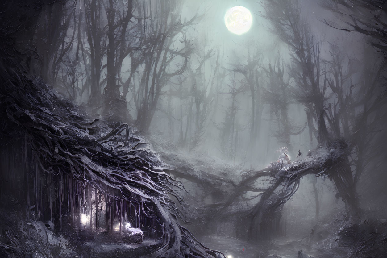 Night winter wood under a moon