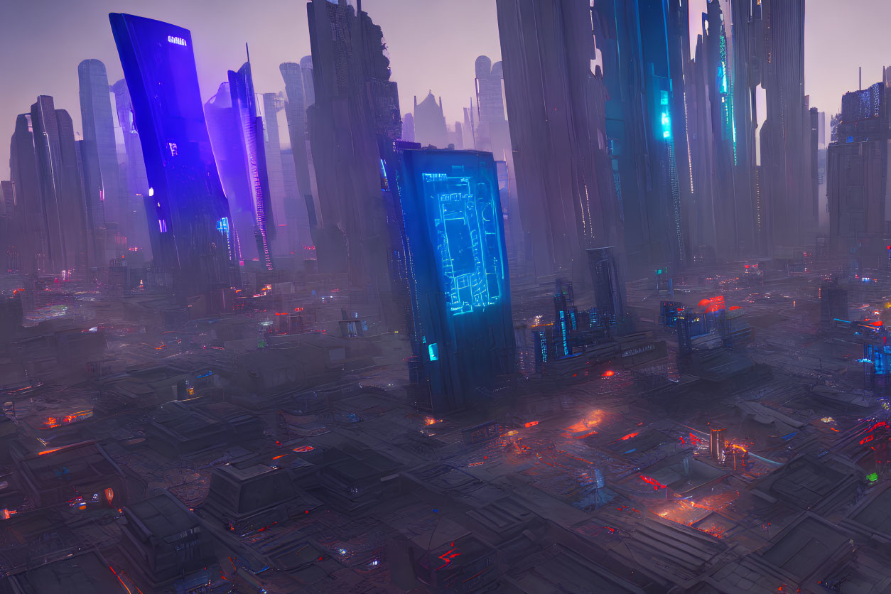 Neon-lit skyscrapers in futuristic cityscape at twilight