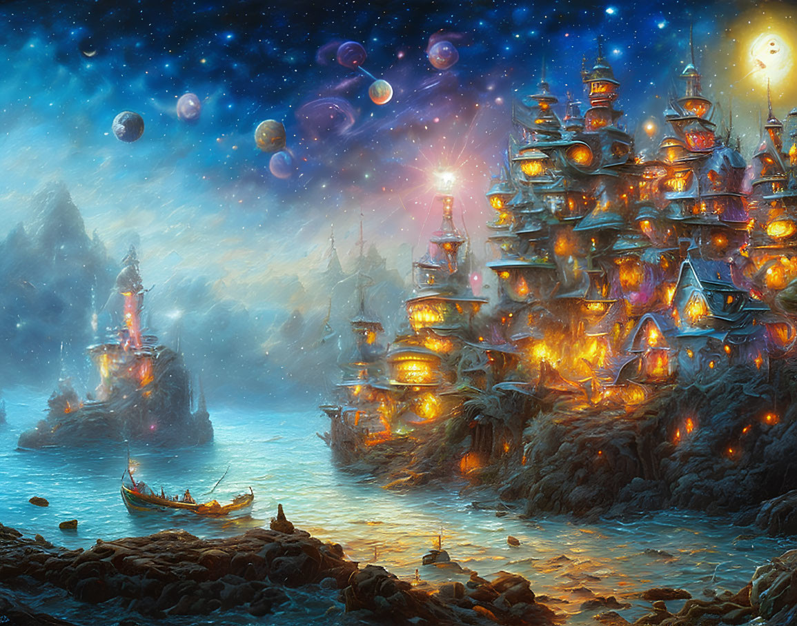 Fantastical seascape with illuminated castle-like structures and planets above.