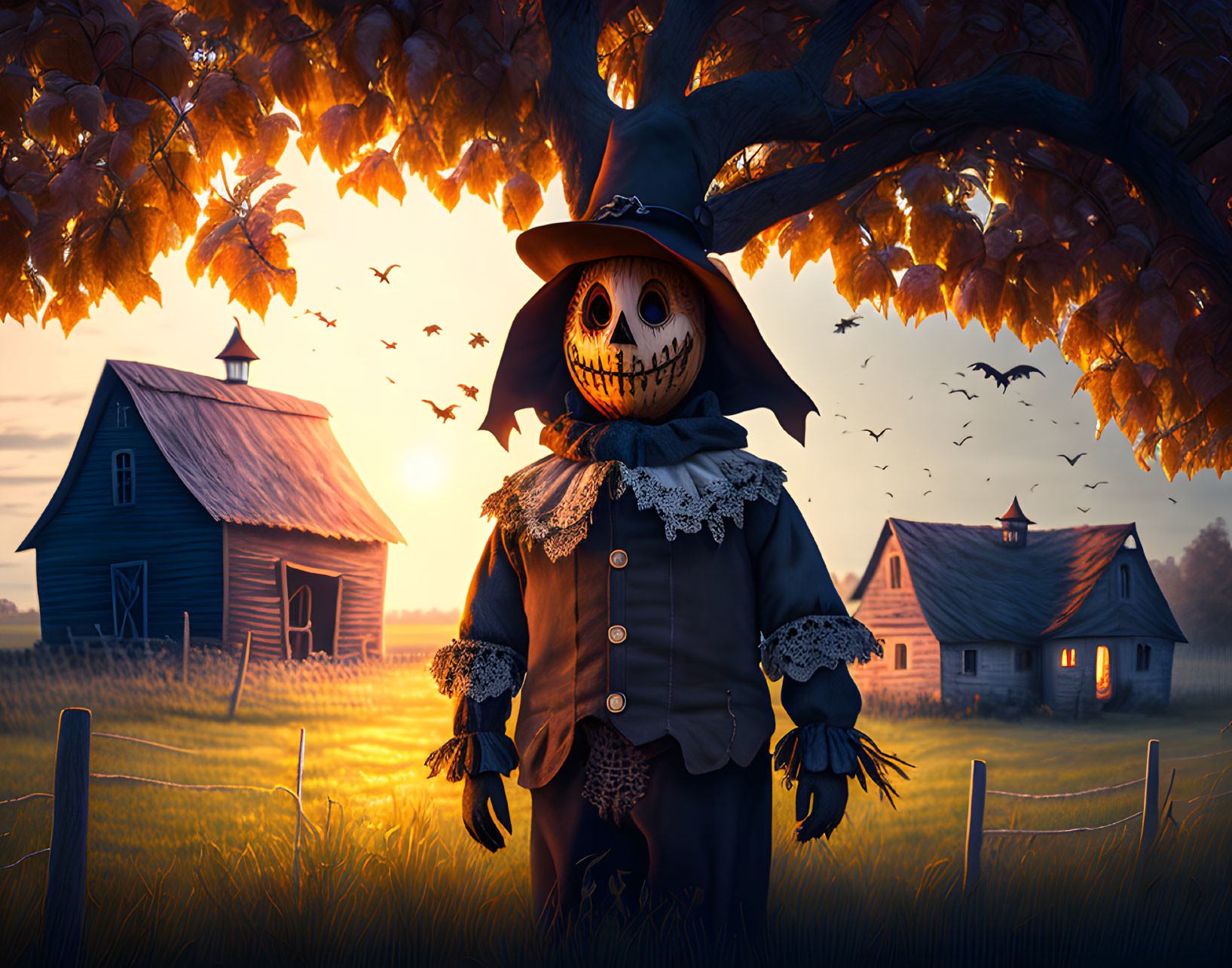Menacing scarecrow with pumpkin head in field at sunset