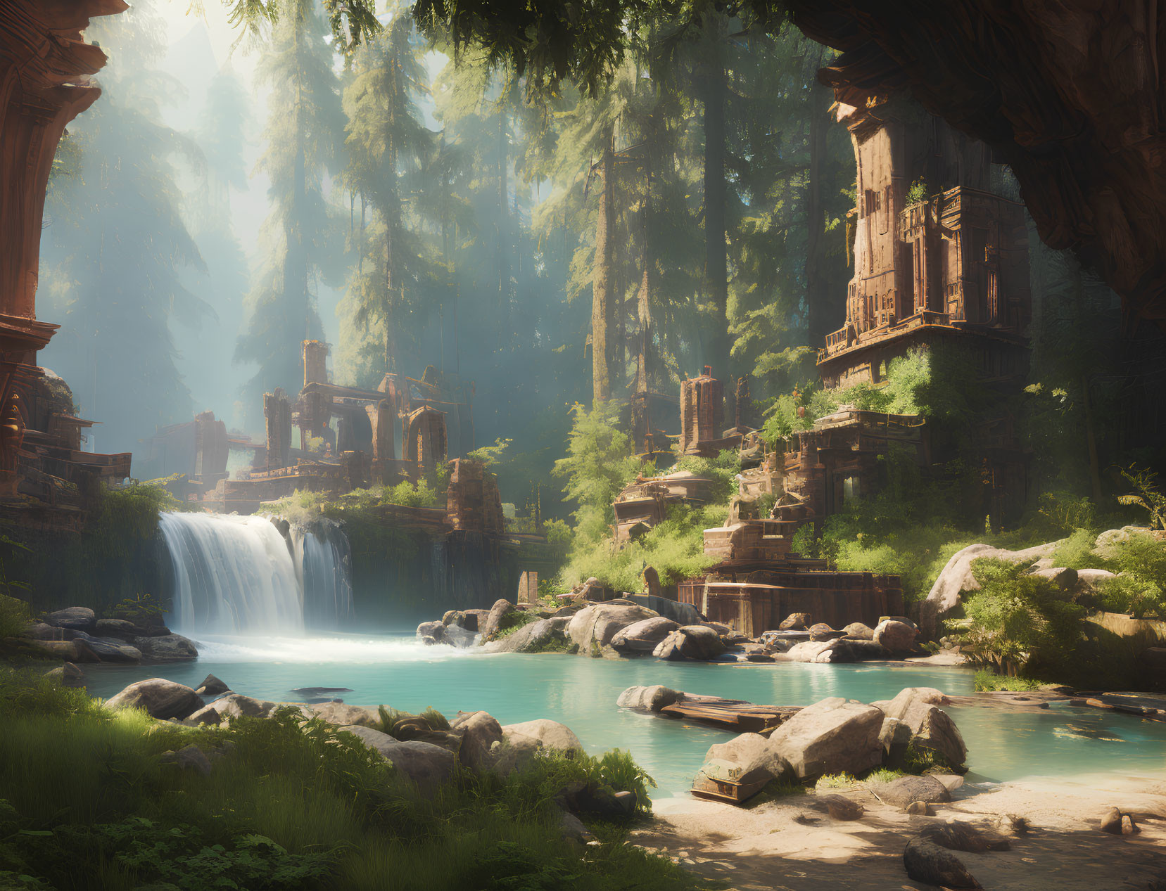 Ethereal landscape with ancient ruins, lush forest, waterfall, and serene pond