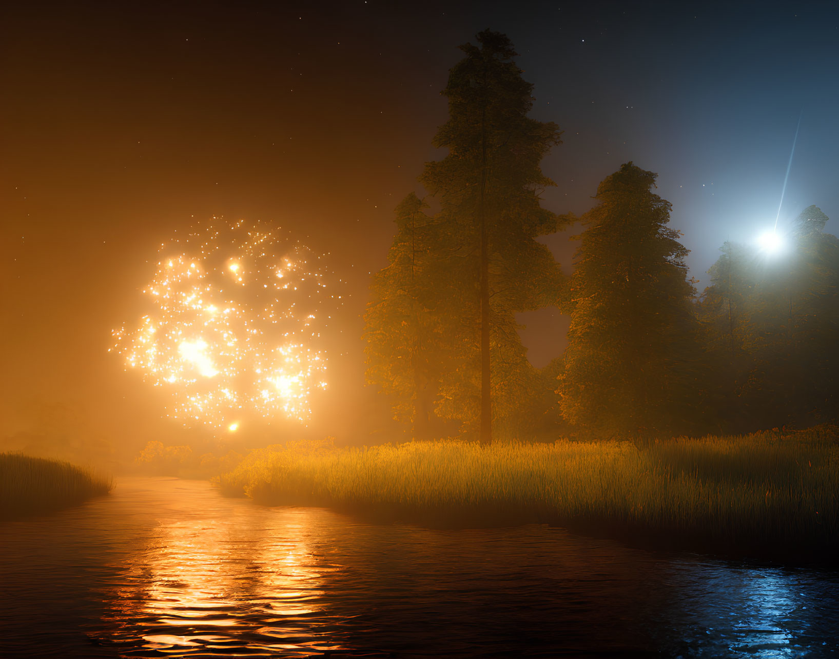 Night landscape with meteor, forest, river, and orange explosion.