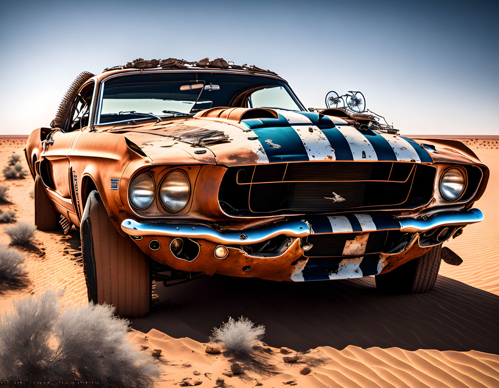 old Mustang Shelby car in the middle of a desert