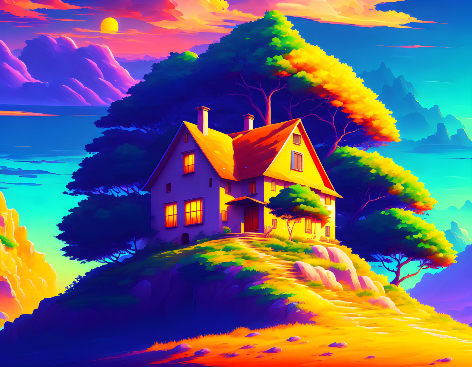 Colorful digital illustration of cozy house on hilltop at sunset