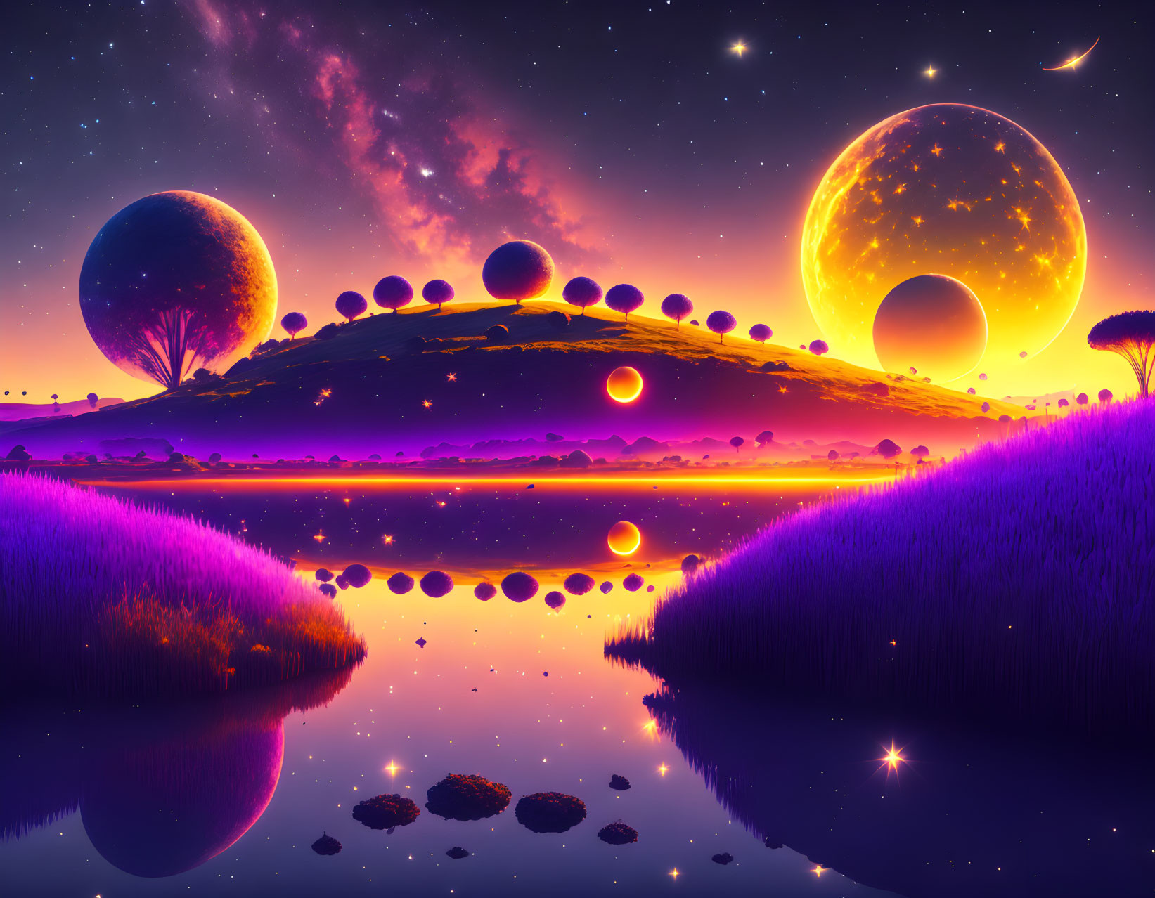 Colorful digital art landscape with celestial bodies, water reflection, purple foliage, and starlit sky.