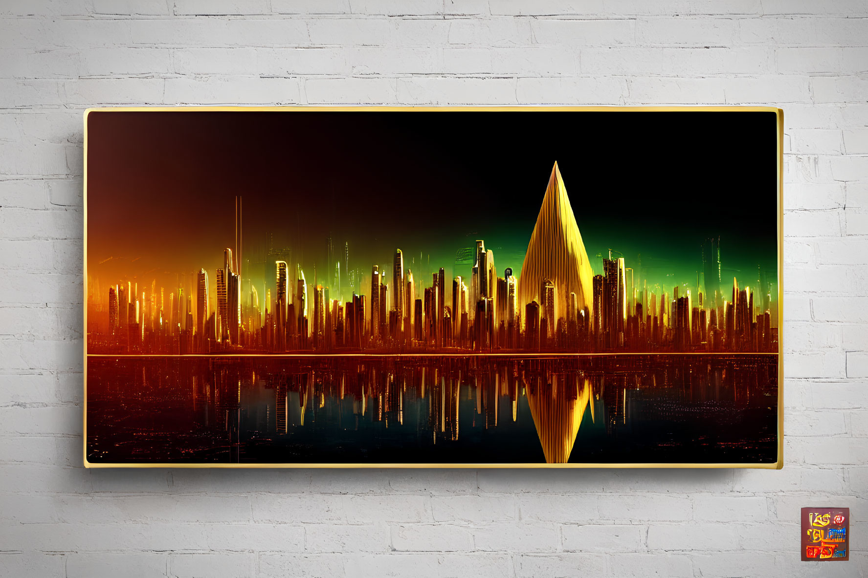 Futuristic cityscape with golden pyramid on canvas against white brick wall