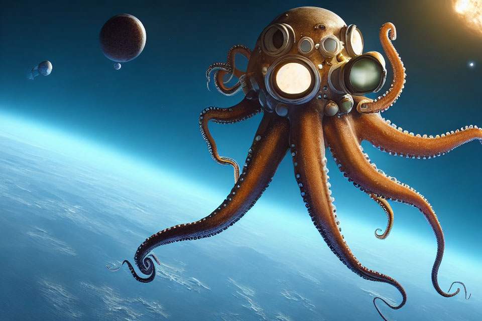 Steampunk-style helmet octopus floats in space near planet Earth.