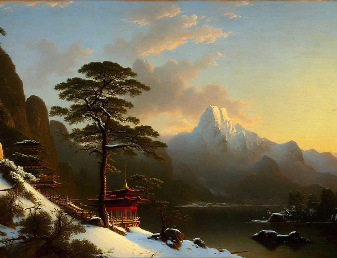 Tranquil lake, traditional temple, mountains, sunset: serene landscape painting.
