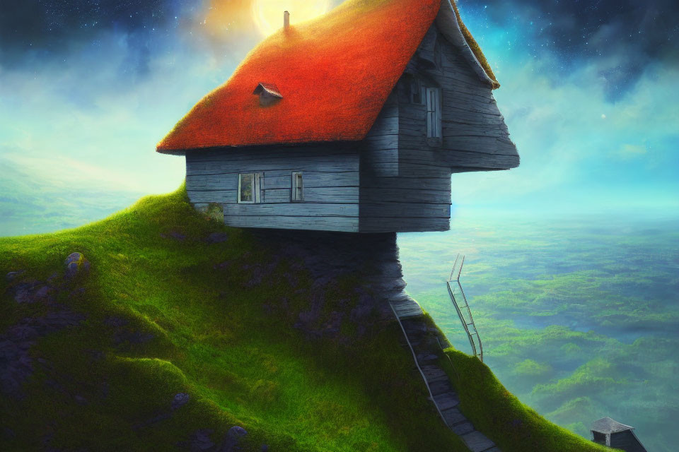 Whimsical house on grassy hill under starry sky with ladder.