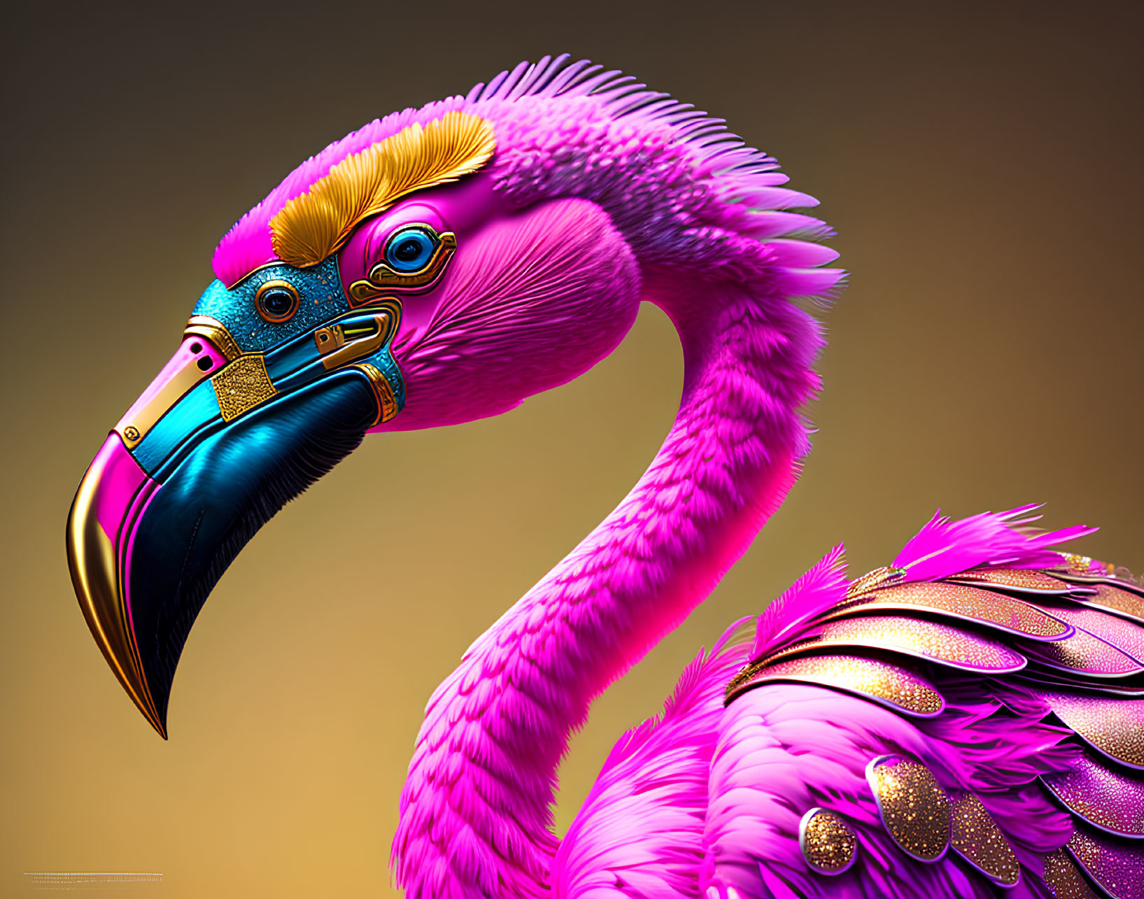 Stylized flamingo digital artwork with pink feathers and metallic gold accents