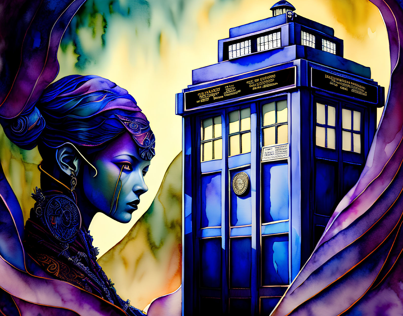 Vibrant digital artwork: stylized woman's profile with TARDIS on abstract background