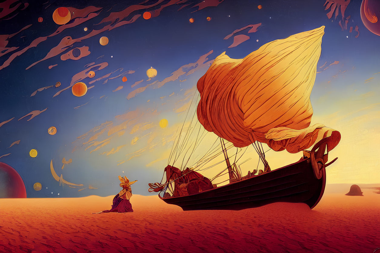 Surreal illustration: ship on sand under planetary sky
