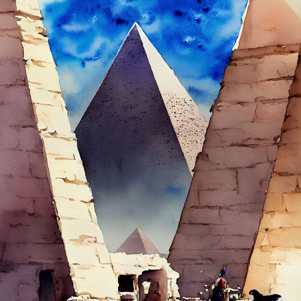 Surreal image of inverted pyramid, ancient ruins, person, and horse