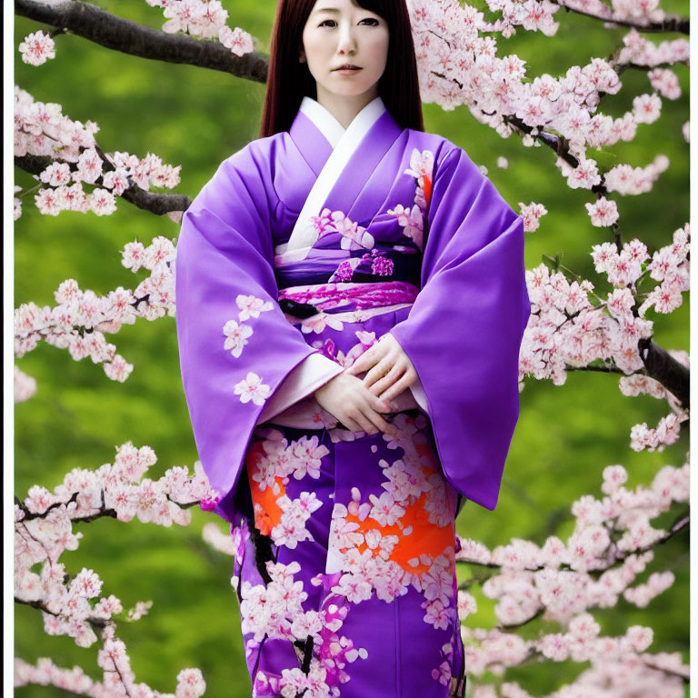 Purple Kimono with Floral Patterns Amid Cherry Blossoms