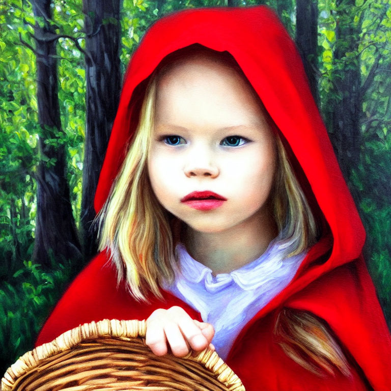 Young girl in red hooded cloak with wicker basket in green forest.