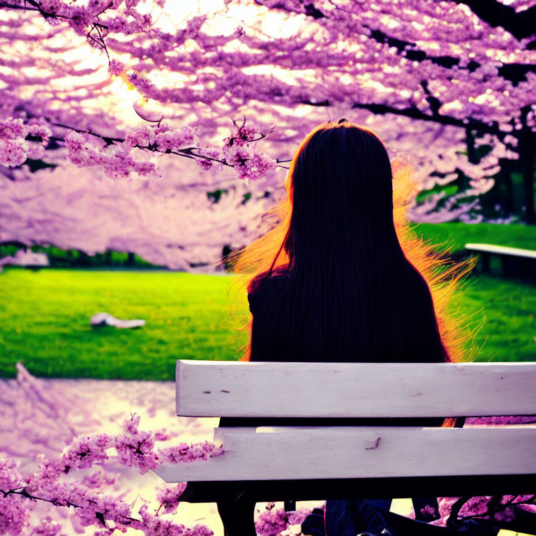 Person admiring pink cherry blossoms on bench in park at dusk