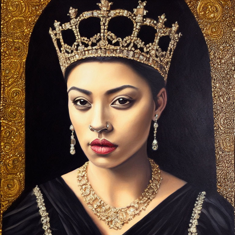 Portrait of Woman in Crown and Black Outfit on Golden Background
