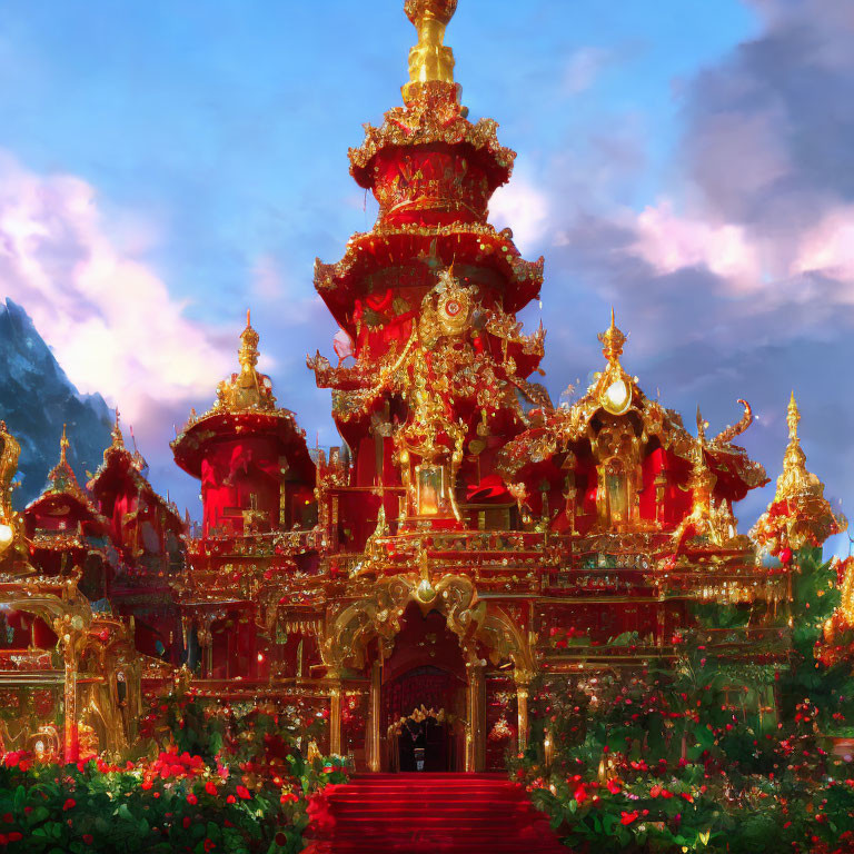 Ornate Red and Gold Temple in Lush Greenery under Dramatic Sky
