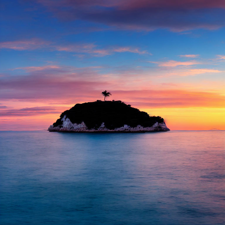 Tranquil sunset scene: small island, lone palm tree, pink and blue sky hues.