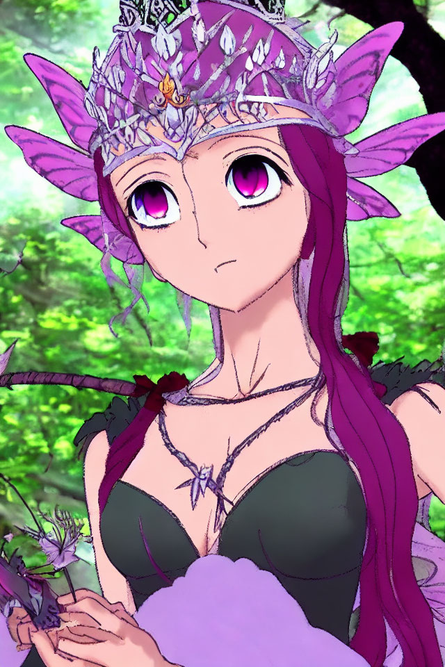 Purple-haired elf with crystal crown in green forest illustration