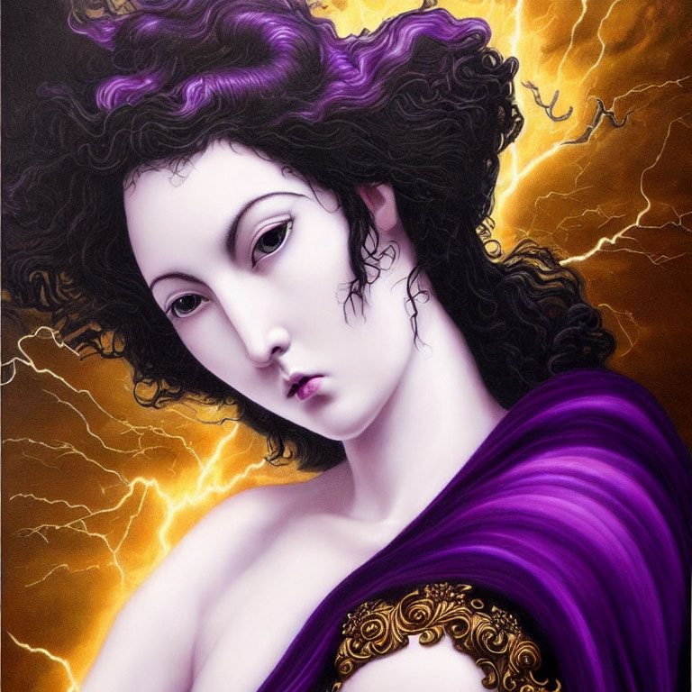 Portrait of Woman with Purple Flowing Hair and Striking Gaze in Purple Garment with Lightning Bolt