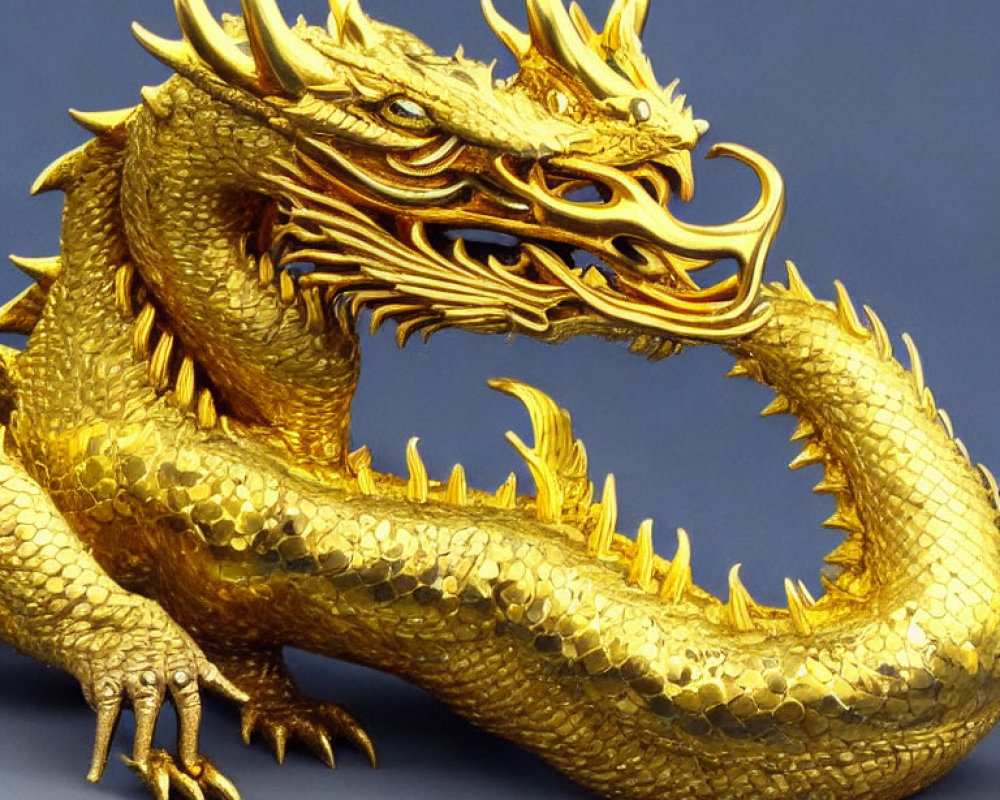 Golden Dragon Sculpture with Detailed Scales and Horns on Blue Background