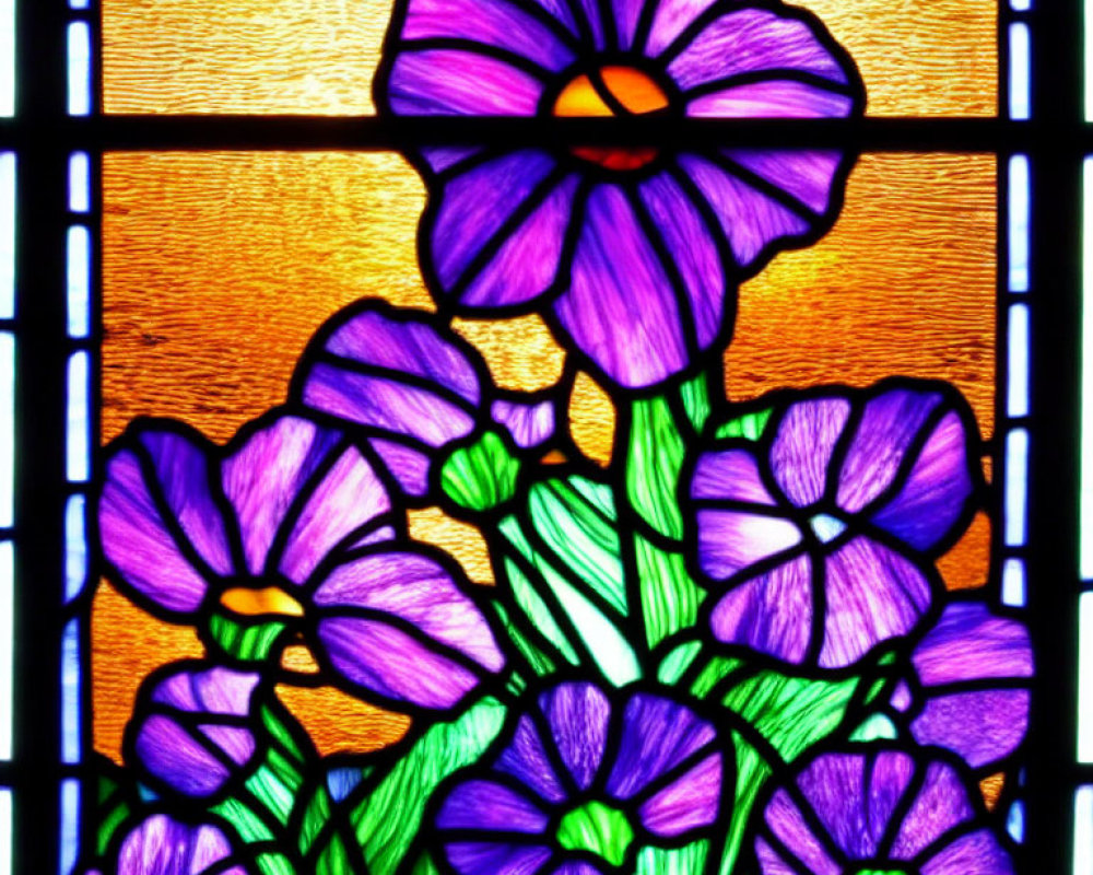 Vibrant purple flowers in stained glass window