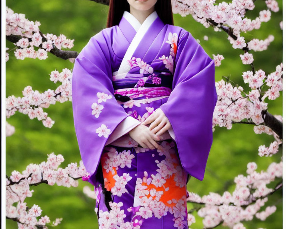 Purple Kimono with Floral Patterns Amid Cherry Blossoms
